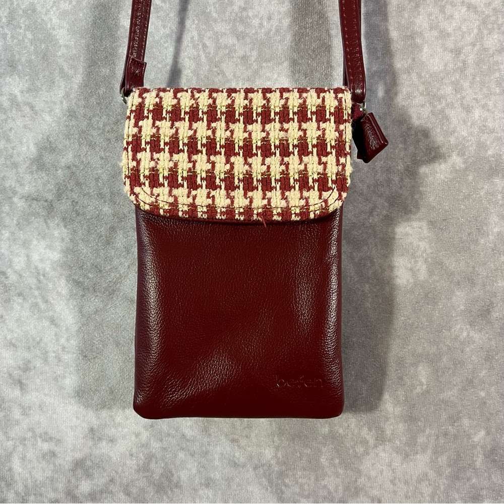 Befen Leather Sm Crossbody Bag for Cell Phone Wine Red w/ Checkers Style Flap